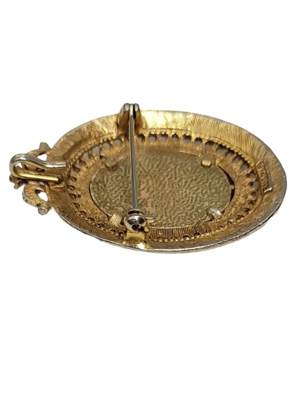 Florenza Gold-Tone Filigree Oval Cameo Photo Brooch Pin Pendant, Signed